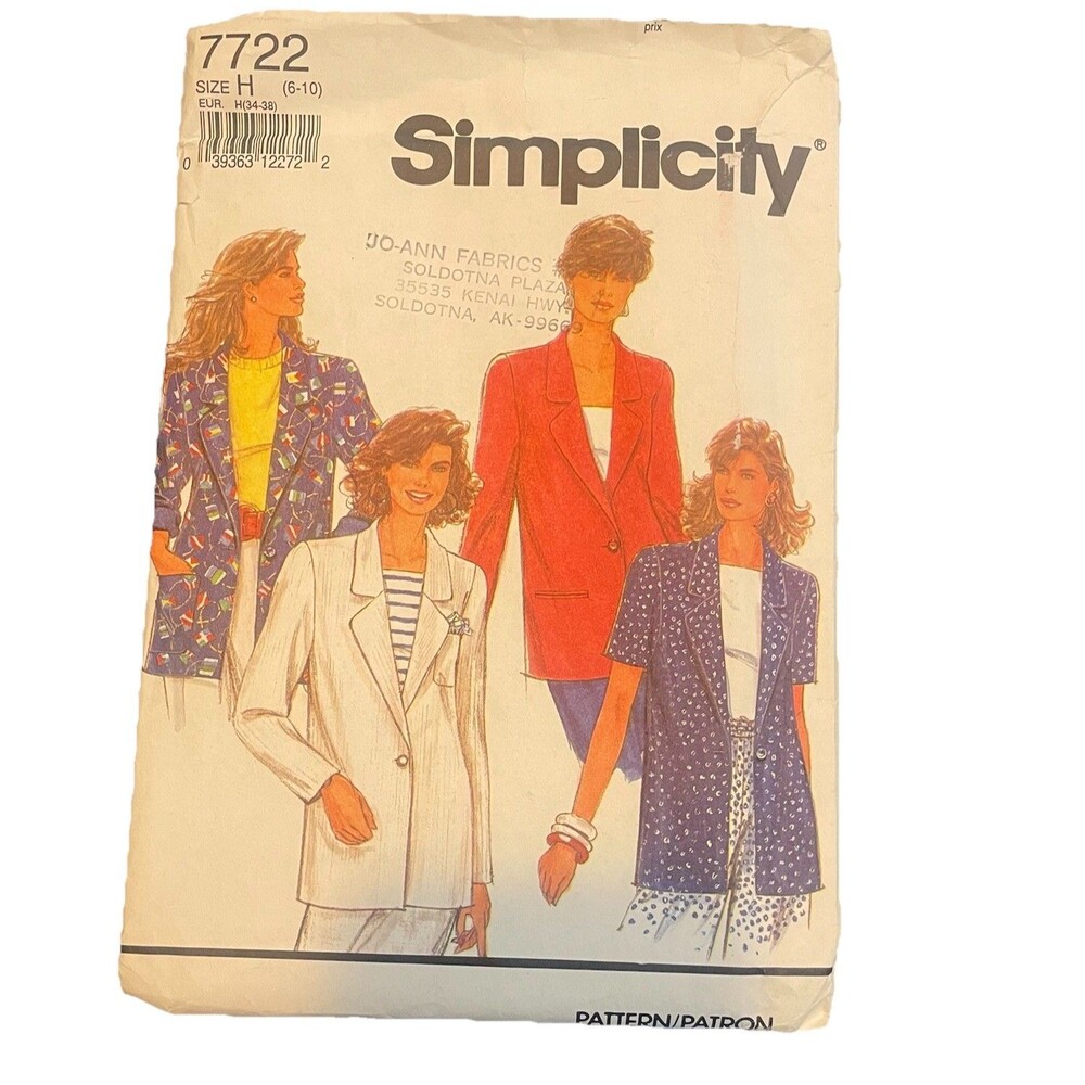Simplicity Vintage 1992 7722 Misses Lined Jacket  w/Sleeve Options sz 6-10 Uncut
